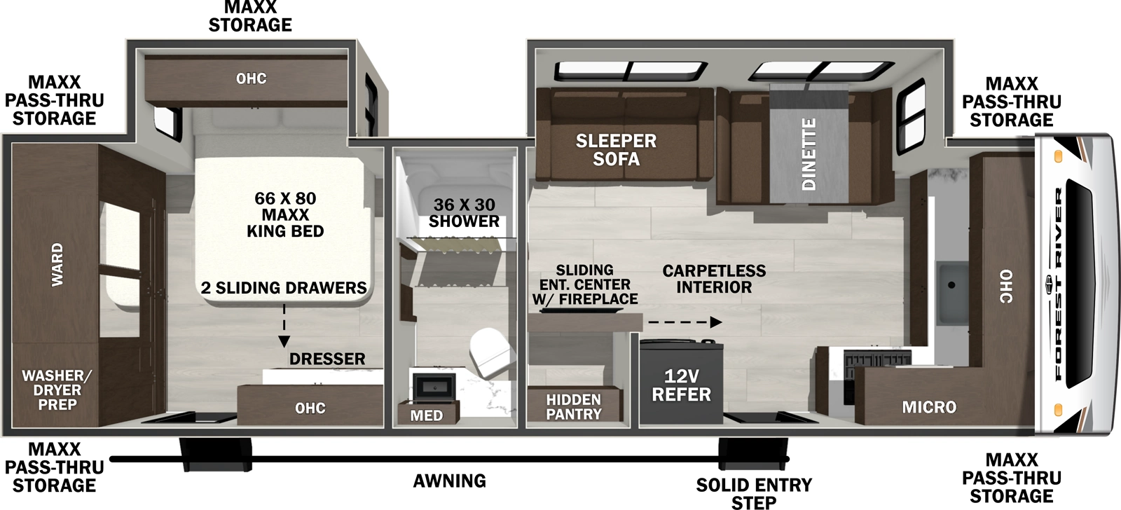 The Wildcat Travel Trailers 277FKX floorplan has two entries and two slide outs. Exterior features include: fiberglass exterior. Interiors features include: front kitchen, rear bedroom and pass through bathroom.